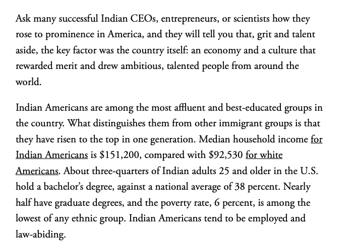 RichardHanania's tweet photo. The Atlantic: “Median household income for Indian Americans is $151,200, compared with $92,530 for white Americans. About three-quarters of Indian adults 25 and older in the U.S. hold a bachelor’s degree, against a national average of 38 percent. Nearly half have graduate degrees, and the poverty rate, 6 percent, is among the lowest of any ethnic group. Indian Americans tend to be employed and law-abiding.”

Rightoids will tell you this is all a conspiracy theory, that Indians have no talent, that their success is a fraud.

They've adopted the ideology of the lowest black race hustlers.