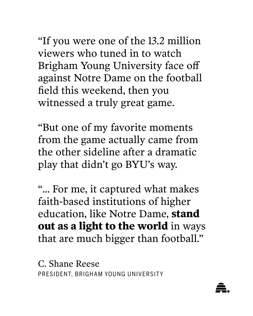 Deseret's tweet photo. In an article written exclusively for the Deseret News, @BYU President C. Shane Reese recounts an act of kindness that the @NDFootball coach, Marcus Freeman, offered to a BYU player during the match up last weekend — and what it taught him about living our values.   

 Read more from President Reese in the thread below.
    
✏️: President C. Shane Reese  
📸: Tess Crowley, Deseret News; Erin Hooley, Deseret News