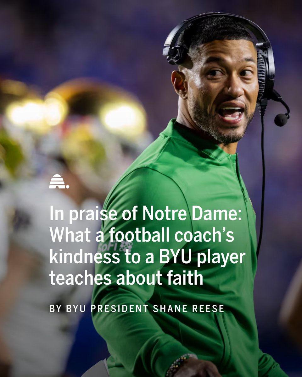 Deseret's tweet photo. In an article written exclusively for the Deseret News, @BYU President C. Shane Reese recounts an act of kindness that the @NDFootball coach, Marcus Freeman, offered to a BYU player during the match up last weekend — and what it taught him about living our values.   

 Read more from President Reese in the thread below.
    
✏️: President C. Shane Reese  
📸: Tess Crowley, Deseret News; Erin Hooley, Deseret News