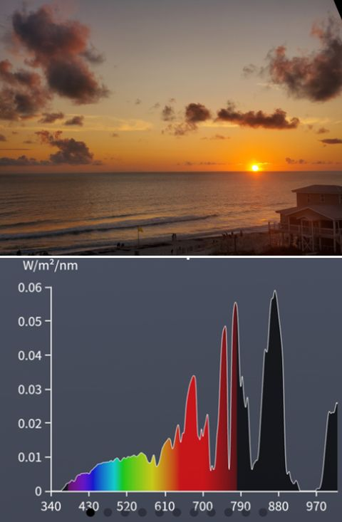 PTC3645's tweet photo. Spectrum of the sunset over the ocean. 

When the sun is low on the horizon, sunlight travels through more of the atmosphere, and the blue light is significantly scattered, leaving mostly the longer red and near-infrared (NIR) wavelengths. 

The red/NIR absorption (telluric) lines are also stronger because some of the longer wavelengths are further attenuated by more water vapor and oxygen in the Earth's atmosphere.