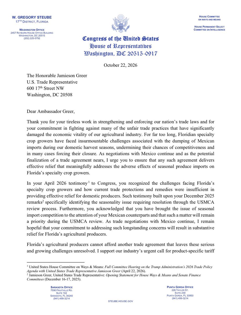 A formal letter on U.S. House of Representatives letterhead, dated October 22, 2026. It is addressed to U.S. Trade Representative Jamieson Greer and discusses trade negotiations with Mexico and concerns about seasonal imports affecting Florida specialty-crop growers. The page includes footnotes and office contact details.