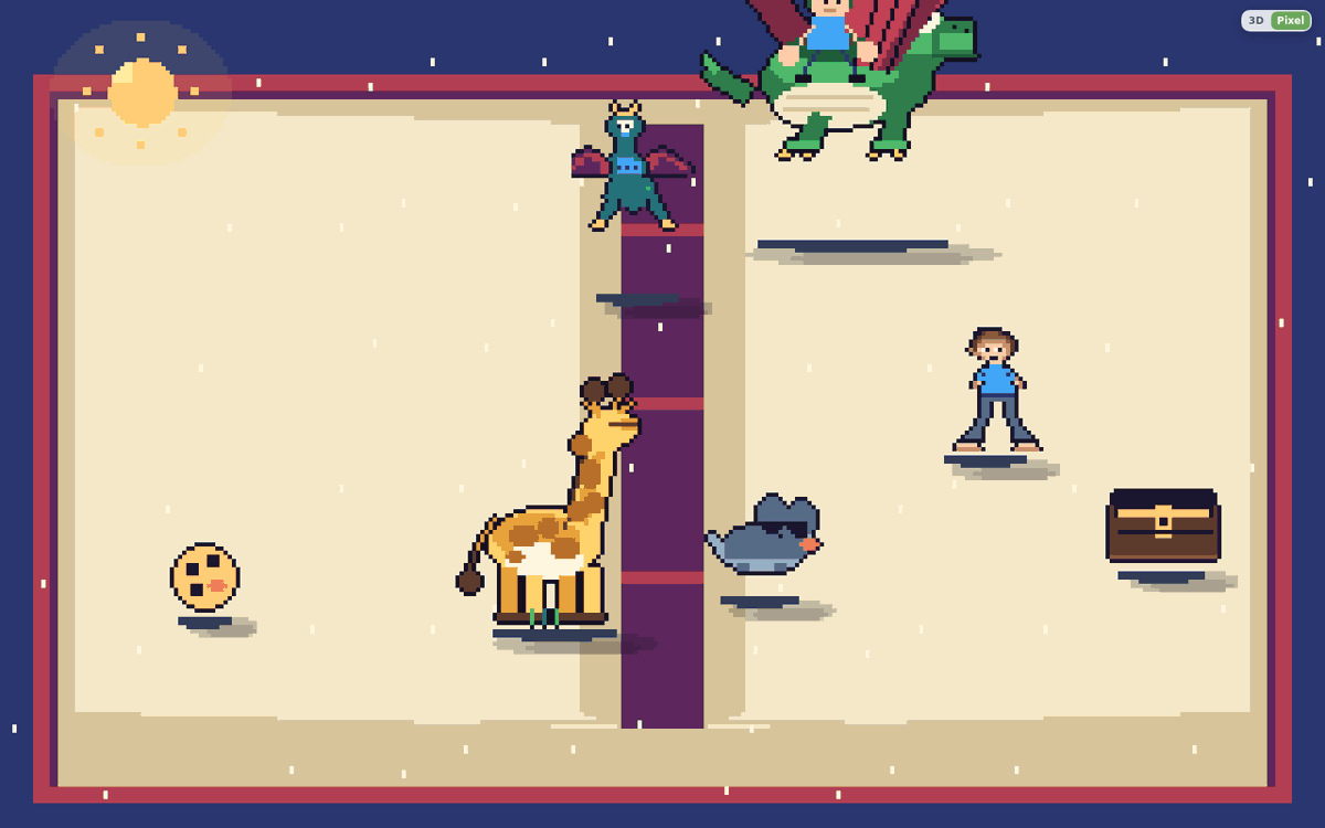salen7in's tweet photo. One drawing, two worlds. Flip 3D to Pixel and the pop-up book becomes 32-pixel art — the boy walks, the dragon flaps, the giraffe ambles, all from whole frames a model drew. Honest limit: the giraffe's legs are still the weakest part. https://t.co/Ix6vfeSwJN