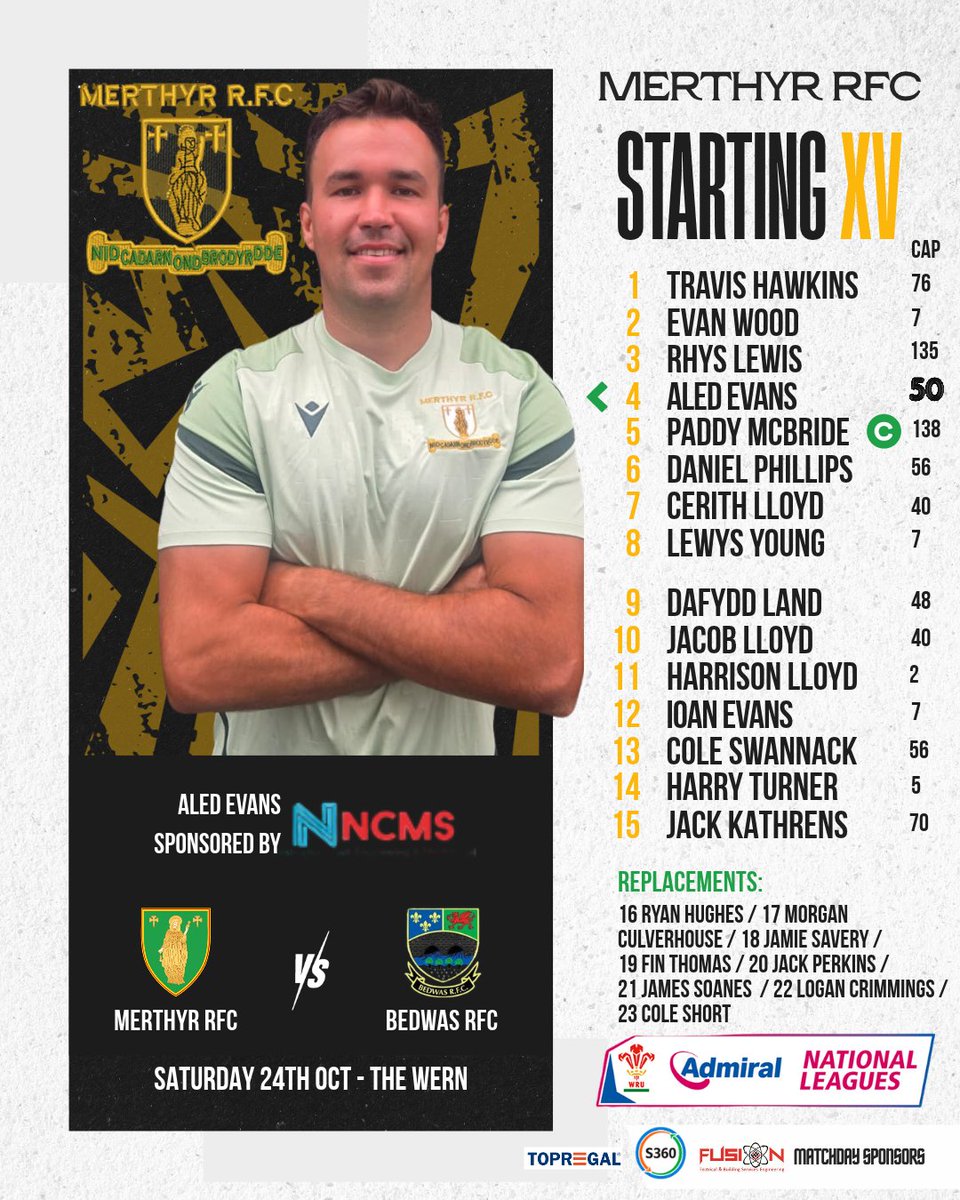 RFCMerthyr's tweet photo. TEAM NEWS | MERTHYR v @bedwasrfc  🏉
Our squad is named for Saturday at The Wern!

👏 Aled Evans reaches 50 Merthyr appearances!
🫡 Paddy McBride captains the Ironmen.

🤝 Thanks to matchday sponsors @Topregal , Services360 &amp; Fusion Electrics, and Aled's sponsor NCMS. https://t.co/Ezf7GpPYKT