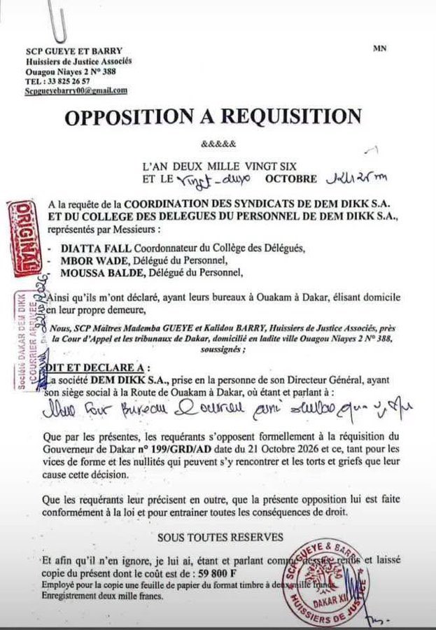 MbayeJRI's tweet photo. 📢 DEM DIKK : les syndicats contestent la réquisition

La Coordination des syndicats et le Collège des délégués du personnel de DEM DIKK ont fait signifier une opposition à la réquisition du gouverneur de Dakar ce 21 octobre 2026, invoquant des vices de forme et des préjudices potentiels.