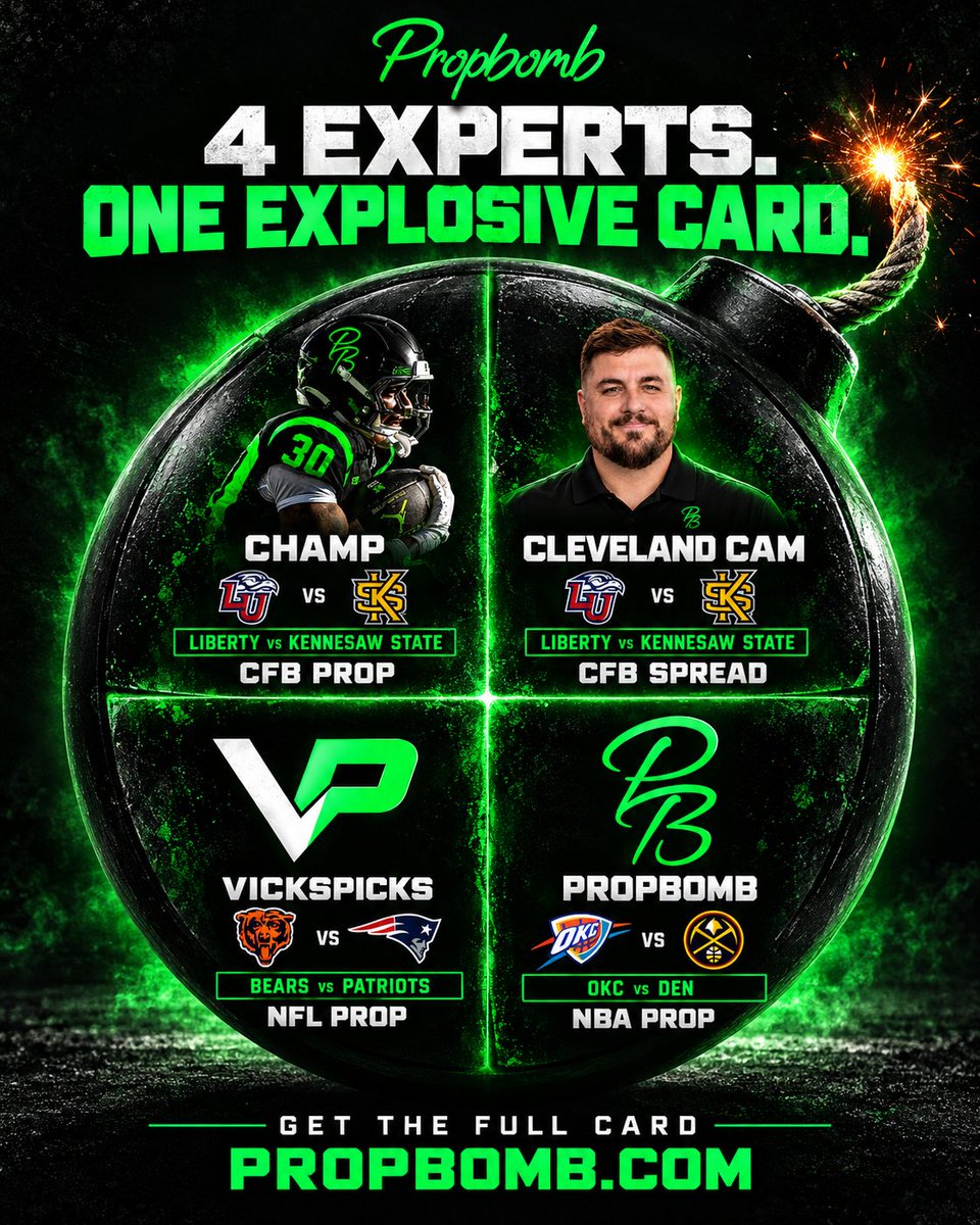 PropBomb's tweet photo. THURSDAY NIGHT IS LOADED! 💣

Four experts. Four plays. 
All our write-ups are live.
@CFBchamp @ClevelandCam @VicksPicksHQ 

Don't miss out. https://t.co/ALT6NpRtrw https://t.co/NHYf3epA3N