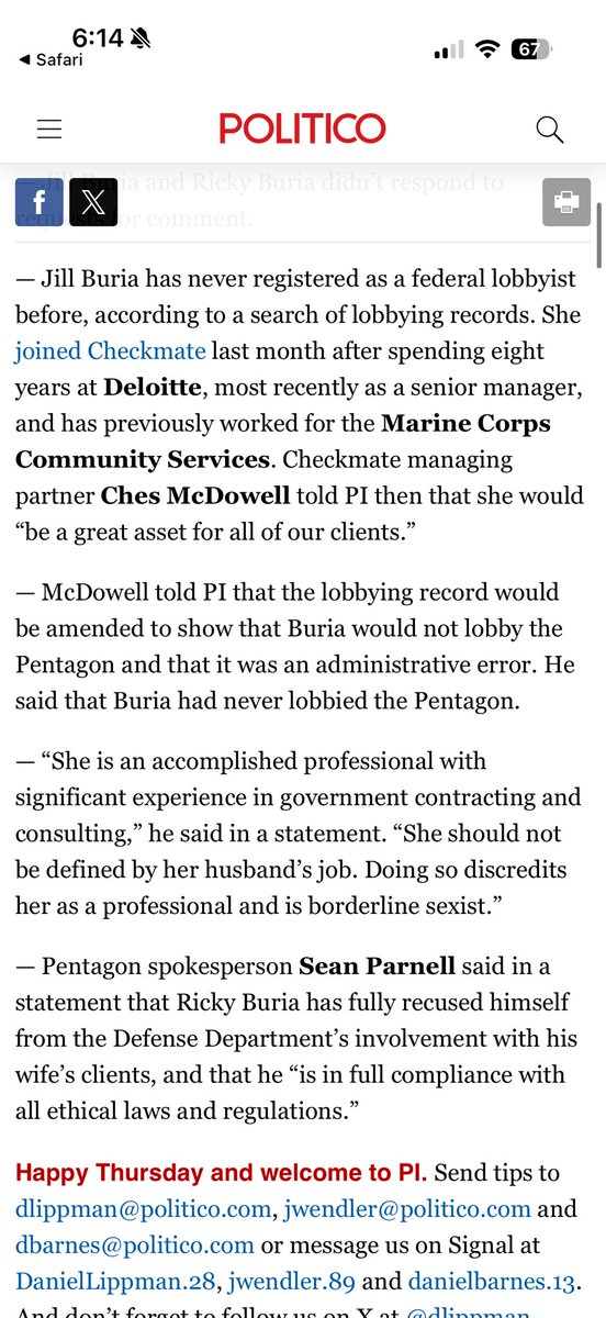 dlippman's tweet photo. SCOOP: Jill Buria, who’s married to Pete Hegseth chief of staff Ricky Buria, on Sunday registered to lobby the Pentagon as part of her new K Street job. After I asked her, her firm told me she will no longer work to influence the Defense Department. https://t.co/OXVeMlI8nS https://t.co/OrOzHZEuUt