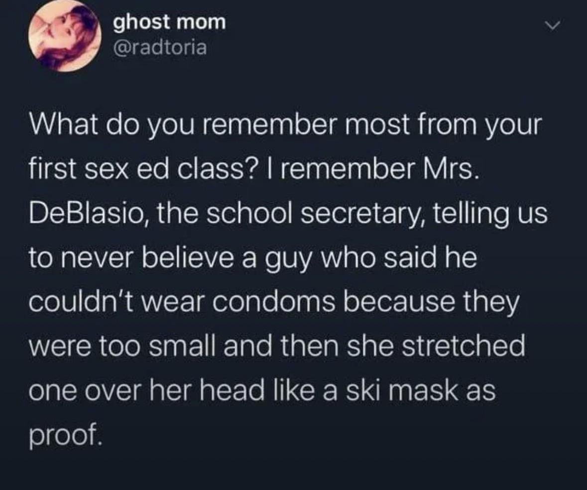 PalatwinkusVT's tweet photo. I remember the boys in my class did NOT wanna pay attention, so the health class teacher started intentionally wearing tops that were cut so low, her tits damn near popped out of them, and her locking her classroom door so that if anyone wanted to come in, she had time to grab her cardigan or whatever she brought with her to cover up.