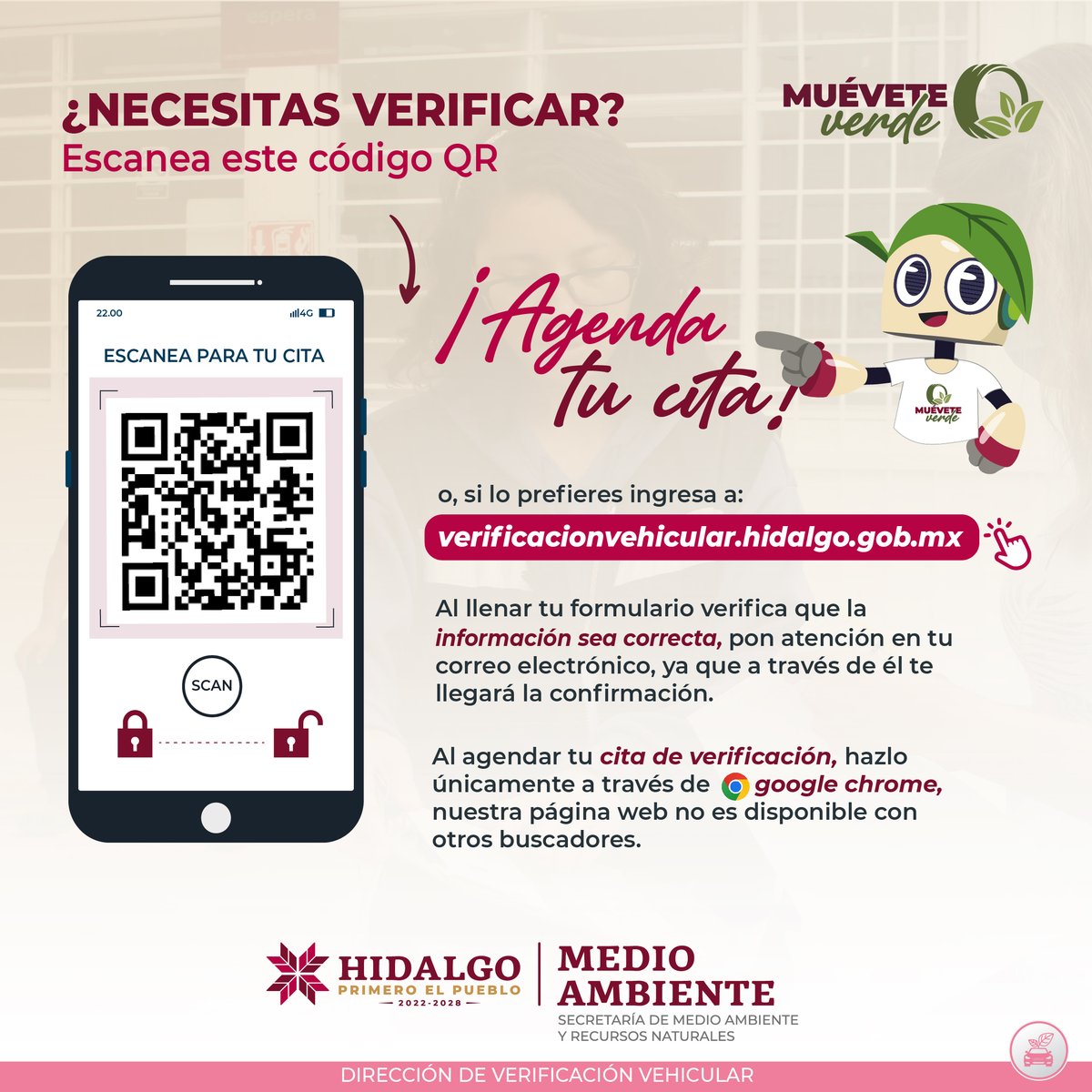 gobiernohidalgo's tweet photo. 🗓️Agenda tu cita de verificación vehicular con anticipación y asegura tu lugar para un trámite más ágil.
📲 Escanea el código QR de la imagen o ingresa directamente a la plataforma para elegir el día y horario que mejor se adapte a ti.
🔗 Más info: 👉 https://t.co/edcKurn22L https://t.co/qg0AhUWVpo