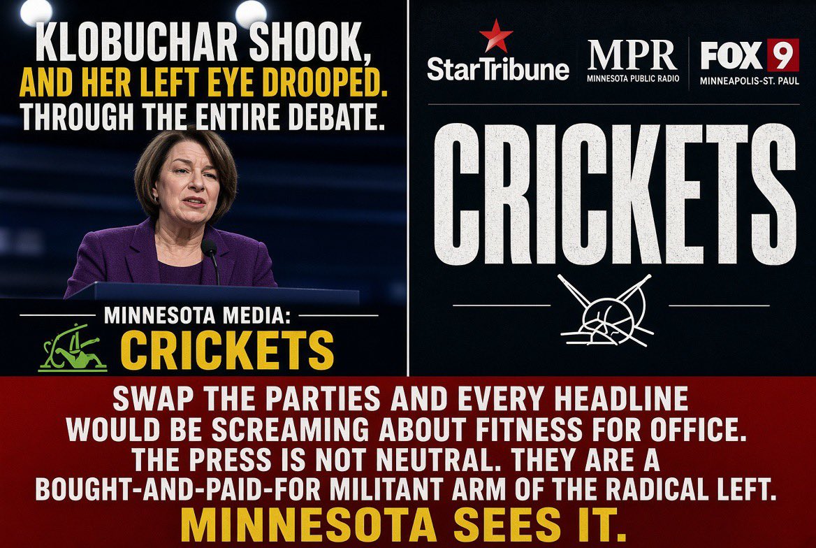 phillipcparrish's tweet photo. Klobuchar shook and her left eye drooped the entire debate. This has been getting worse and more visible for two years.

Minnesota’s press: total silence.

If this were the Republican candidate, every outlet would be leading with “fitness for office” questions.

They are not neutral. They are a bought-and-paid-for militant arm of the radical left. Minnesota sees it.