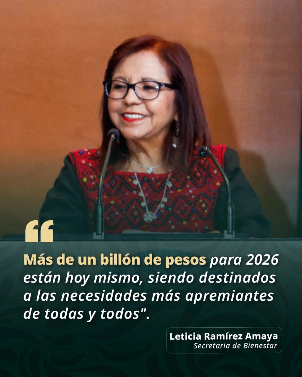 bienestarmx's tweet photo. ¡Más de un billón de pesos para el bienestar del pueblo en 2026! 

Los recursos públicos se destinan a atender las necesidades de las y los mexicanos.

#ComparecenciaBienestar
#LetiRamírez https://t.co/prPM3vJAfC