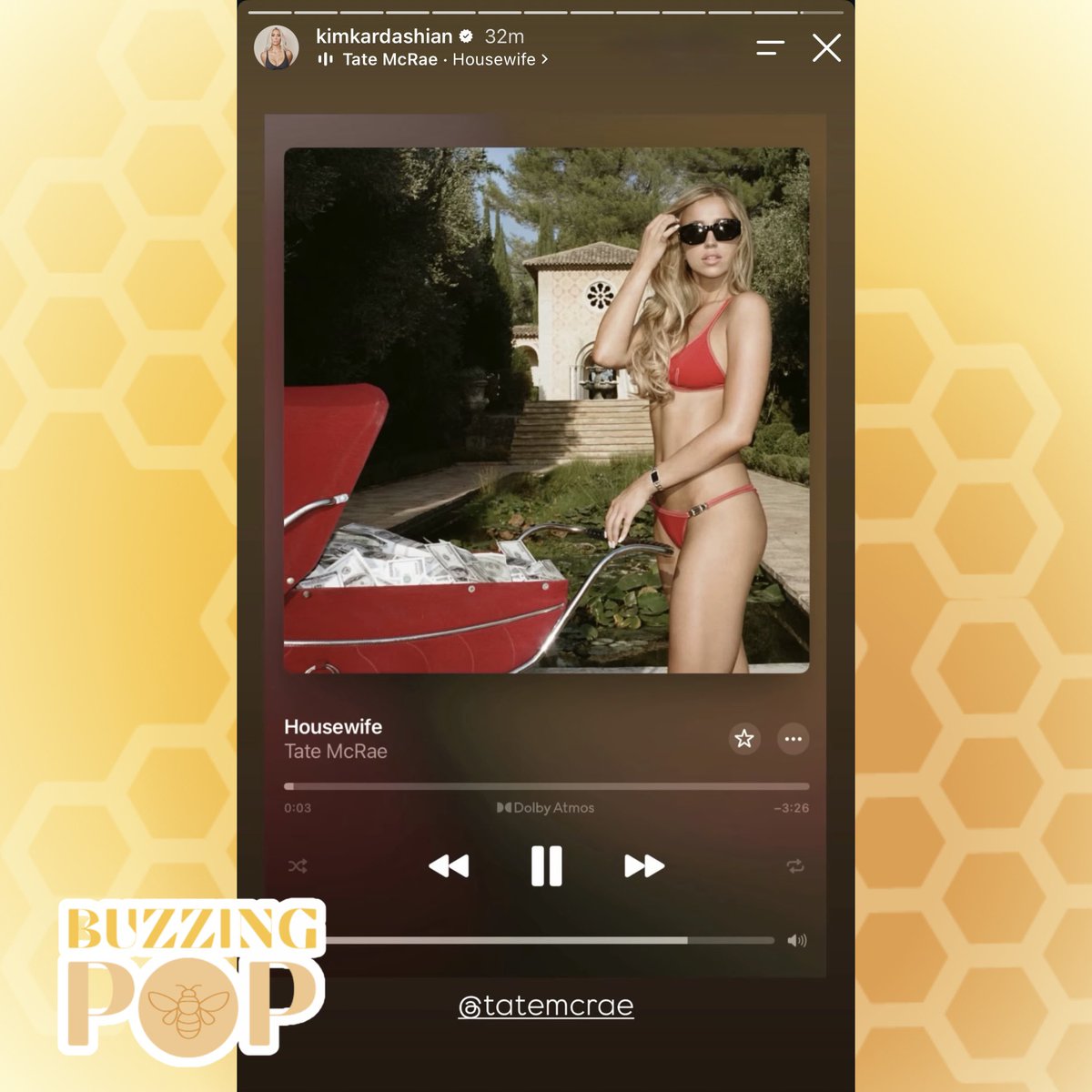 BuzzingPop's tweet photo. Kim Kardashian shares with her 343 MILLION followers on Instagram she’s listening to “Housewife” by Tate McRae. https://t.co/WwLI9pHWHT