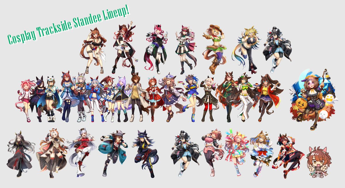 MartyPCSR's tweet photo. My very late Cosplay Trackside catalog that i procrastinated and am now making on plane wifi !!!!! Please come visit at Table 7 with the Halloween Meisho Doto standee!! I promise your favorite uma IS here unless it's Genuine because i need them to make her outfit in color🥀 https://t.co/b3zXrM8K9e