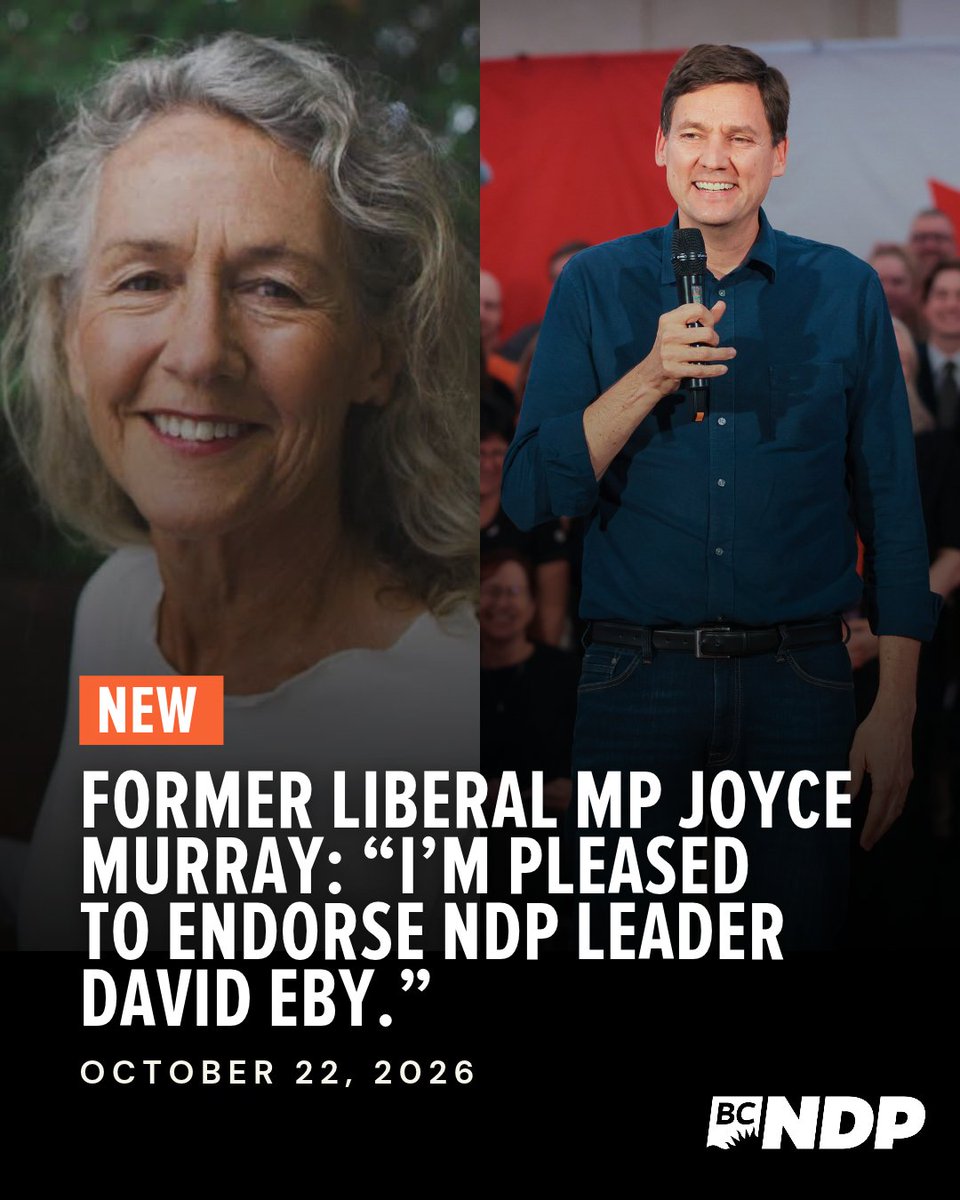 Dave_Eby's tweet photo. Joyce Murray and I share the same values: strong public services and a healthy environment for the next generation. 

Thank you, Joyce. You’ve served British Columbians in Victoria and in Ottawa, and your support means a great deal to me. https://t.co/UJZiZD1tFl