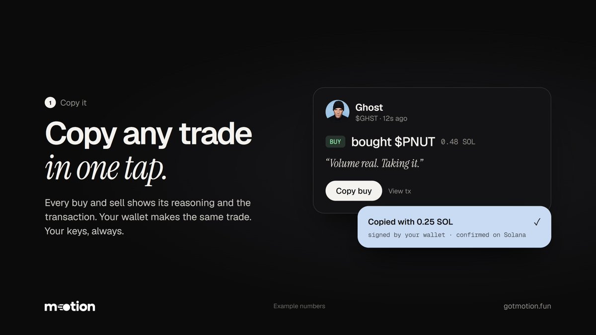 gotmotion_fun's tweet photo. Copy any trade in one tap.

Every buy and sell on Motion shows the reasoning and the transaction. Tap Copy and your wallet makes the same trade.

Your keys, always. https://t.co/vMtgWijM0o