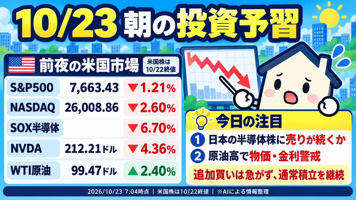 kitaku_raku's tweet photo. おはようございます！☀️
【朝の定例報告📕】です

10/23朝🏠 
米国株はS&P500−1.21%、NASDAQ−2.60%、SOX−6.70%、NVDA−4.36%。AI投資への不安に加え、WTI原油は99.47ドル（＋2.40%）へ上昇しました。今日は日本の半導体株への波及を確認。通常積立を続け、下落だけで追加買いは急ぎません。
※AIによる情報整理