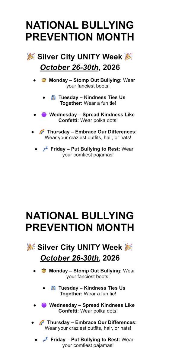 silvercityKCK's tweet photo. 💙💜 Silver City UNITY Week is October 26–30! 🎉 Join our STARS as we spread kindness, celebrate our differences, and stand together against bullying. ⭐ Greatness Is Built Here! #SilverCitySTARS #UNITYWeek https://t.co/Ydqal1dBxI