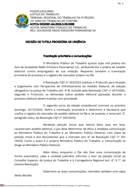 rf5791's tweet photo. 🚨Justiça do Trabalho proíbe RPC (afiliada Globo PR) de AMEAÇAR JORNALISTAS politicamente após ação do SindijorPR e MPT!  Vergonha! Assédio eleitoral é crime.
#JustiçaDoTrabalho #SindijorPR #RPC #Jornalismo https://t.co/GncvQjwAYp