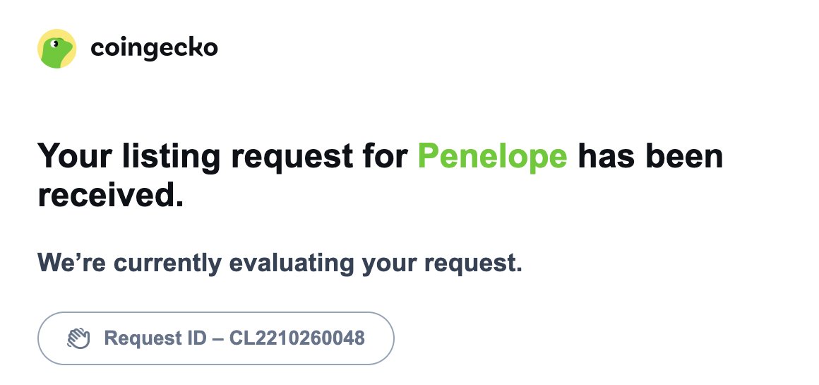 Penelopecoin's tweet photo. COINGECKO SUBMISSION SUCCESSFUL! ✅ @coingecko 

$PENELOPE has officially submitted its listing request to CoinGecko!  Request ID - CL2210260048 

CA: 5do8SkQt2nxp3daqXgKcdF7j2BjgiGgxYi5Avkqppump https://t.co/KkIE0XYBMF