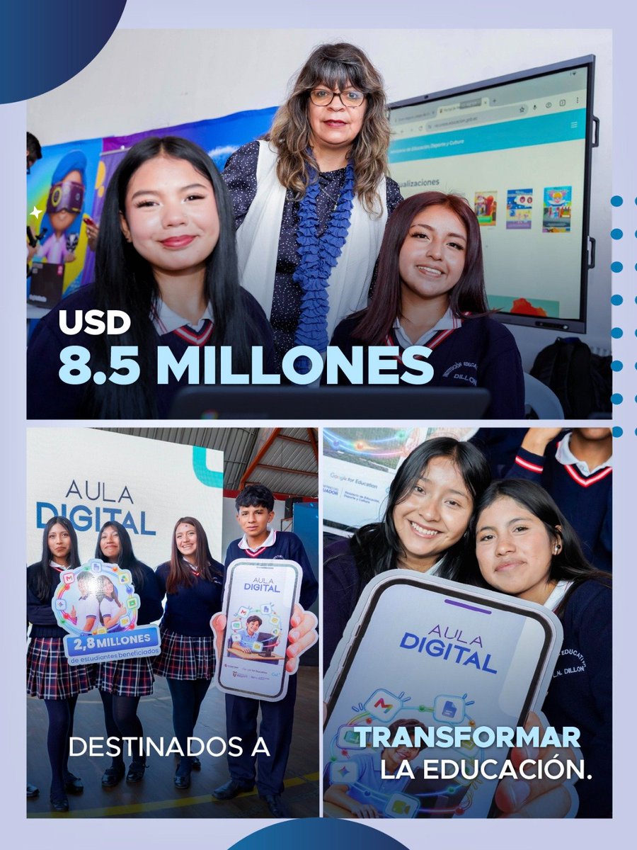 Educacion_Ec's tweet photo. 💻 ¡Nuevas herramientas, más formas de enseñar en el Ecuador!
La ministra Gilda Alcívar junto a Andrea Ibáñez, representante de Google; y, a Ronald Spina, gerente general de CNT, presentaron oficialmente #AulaDigitalEc, una iniciativa que impulsa la modernización del sistema educativo público, con una inversión de USD 8,5 millones. 🤝

En articulación con Google, CNT Ecuador y Ministerio de Telecomunicaciones y Sociedad de la información, el proyecto beneficiará a más de 2,8 millones de estudiantes, fortaleciendo la enseñanza y el aprendizaje mediante herramientas digitales e inteligencia artificial.

🇪🇨 Aprender, crear e innovar para transformar la educación.