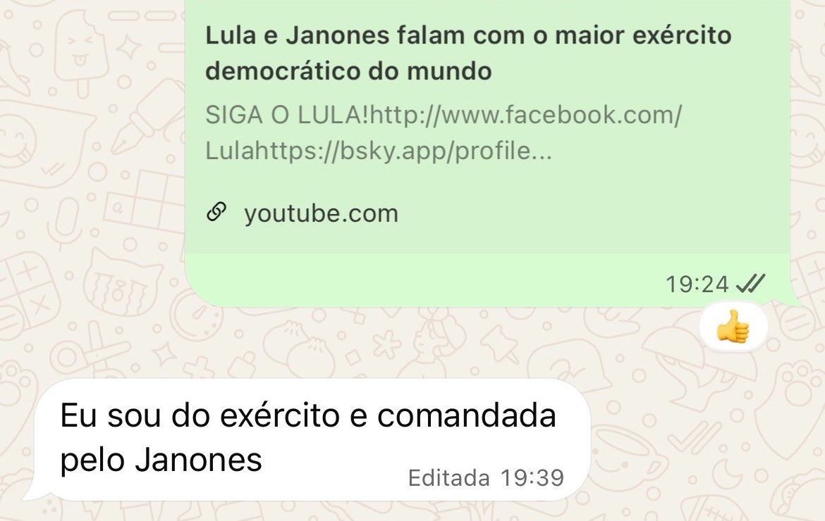 callittrance's tweet photo. Fui mandar o link da #LulaAoVivoComSeuExercito pra minha mãe 🤭🫡 https://t.co/xxXebzVTES