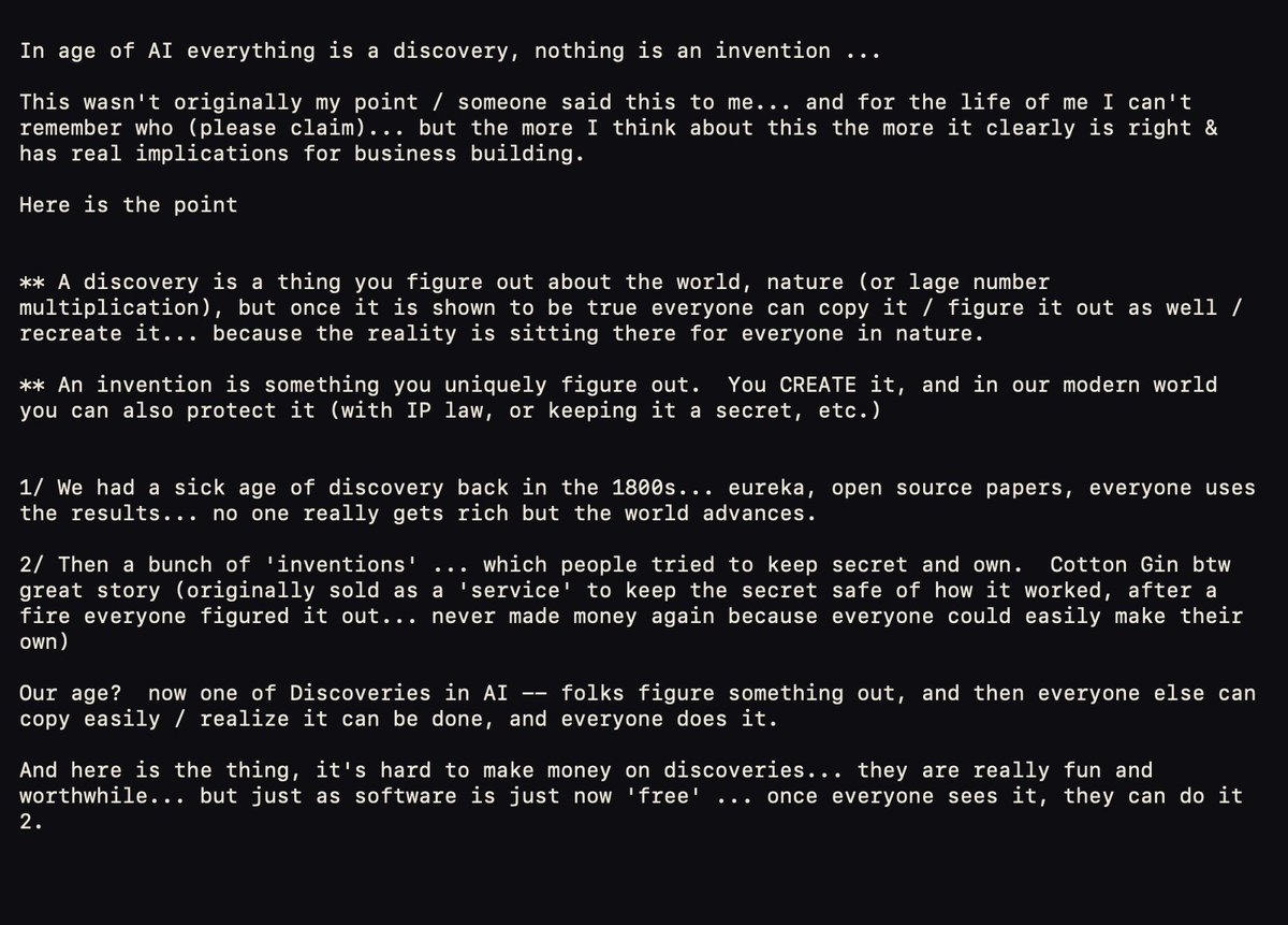 lessin's tweet photo. In age of AI everything is a discovery, nothing is an invention ... https://t.co/ZjXLTyNYYG