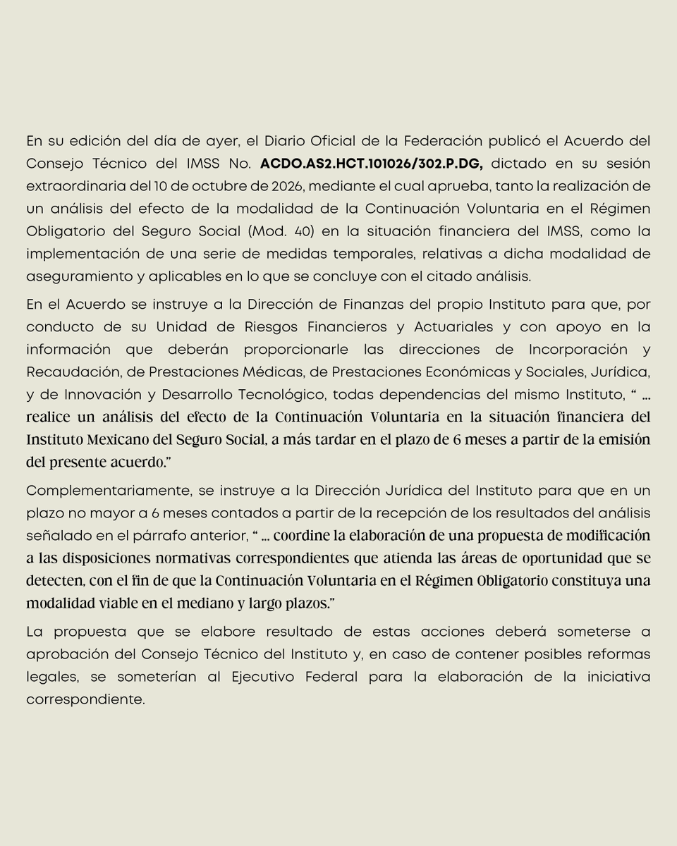 CASSabogados's tweet photo. 📢 Importantes modificaciones a la Modalidad 40 del IMSS.

El IMSS implementa medidas temporales para la Continuación Voluntaria en el Régimen Obligatorio, mientras se analiza su impacto financiero. Conoce los principales cambios y sus implicaciones en nuestra Circular CASS 15/2026.

📄 Lee la circular completa y mantente informado.