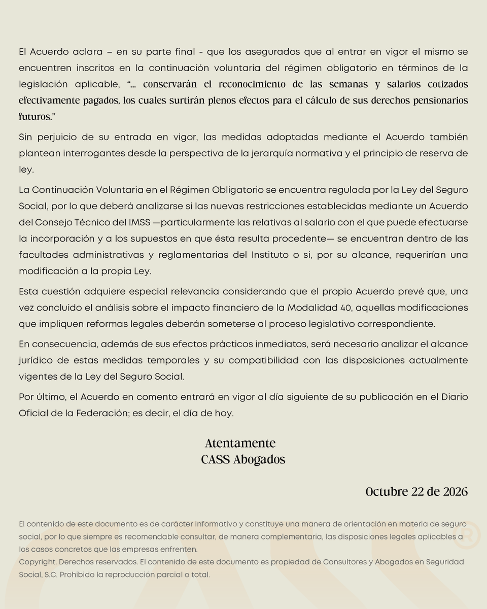 CASSabogados's tweet photo. 📢 Importantes modificaciones a la Modalidad 40 del IMSS.

El IMSS implementa medidas temporales para la Continuación Voluntaria en el Régimen Obligatorio, mientras se analiza su impacto financiero. Conoce los principales cambios y sus implicaciones en nuestra Circular CASS 15/2026.

📄 Lee la circular completa y mantente informado.