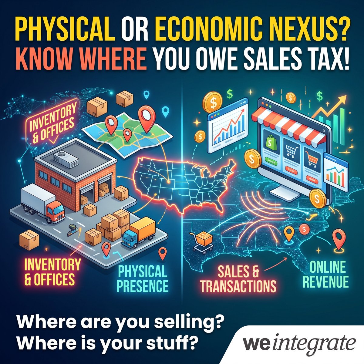 WeIntegrateApp's tweet photo. One pallet in a 3PL warehouse can mean you owe sales tax state(s) you’ve never set foot in. 📦 Your Shopify store has one checkout, can owe tax in a dozen states. 👉 Stay compliant: https://t.co/fW7kDCMUl8
#Shopify #QuickBooks #Accounting #Bookkeeping #Ecommerce #WeIntegrate https://t.co/xSf9DN9YEW
