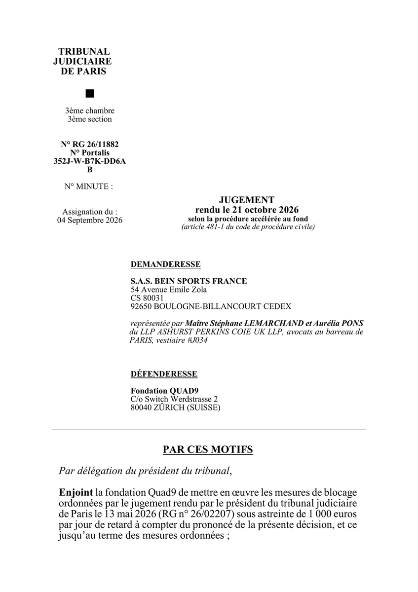 IntCyberDigest's tweet photo. ‼️ Quad9 is leaving France rather than block IPTV sites for beIN Sports, after a Paris court ordered the block over WTA tennis rights and set a €1,000 daily penalty.

Quad9 says ~20 similar lawsuits are pending. French users lose service on 24 November. https://t.co/sShqs0w9g7