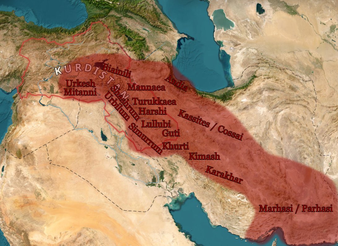 shoresh03's tweet photo. Placement of Hurrian tribes / kingdoms with the Kurdistan map
+Alternate Marhasi placement if BMAC = Marhasi
note its more of a core map, if I added the lands conquered by say the Kassites, Guti and Mitanni it would be far more red but its more about their origin / home territory https://t.co/6O2Pa1XSre