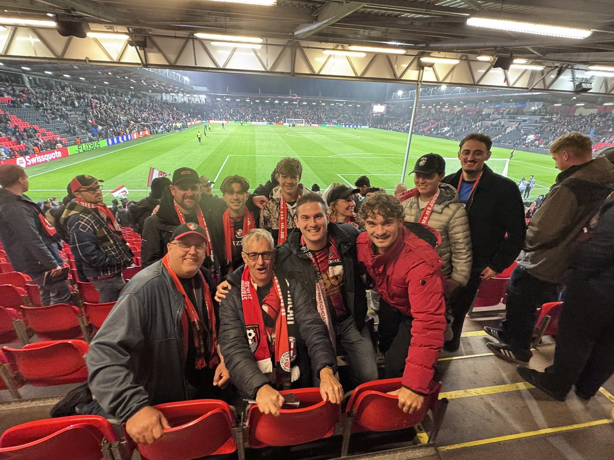 dcindc2026's tweet photo. @AlexSmithEcho global cherries fans from USA, Norway, South Korea, Australia and Belgium celebrate tonight. Special thanks to @thatrossbloke  who literally flew in this am and flies back tomorrow.  Me:  I’ll be at United and Villa and the development squad game https://t.co/jK7ZFiQg0I