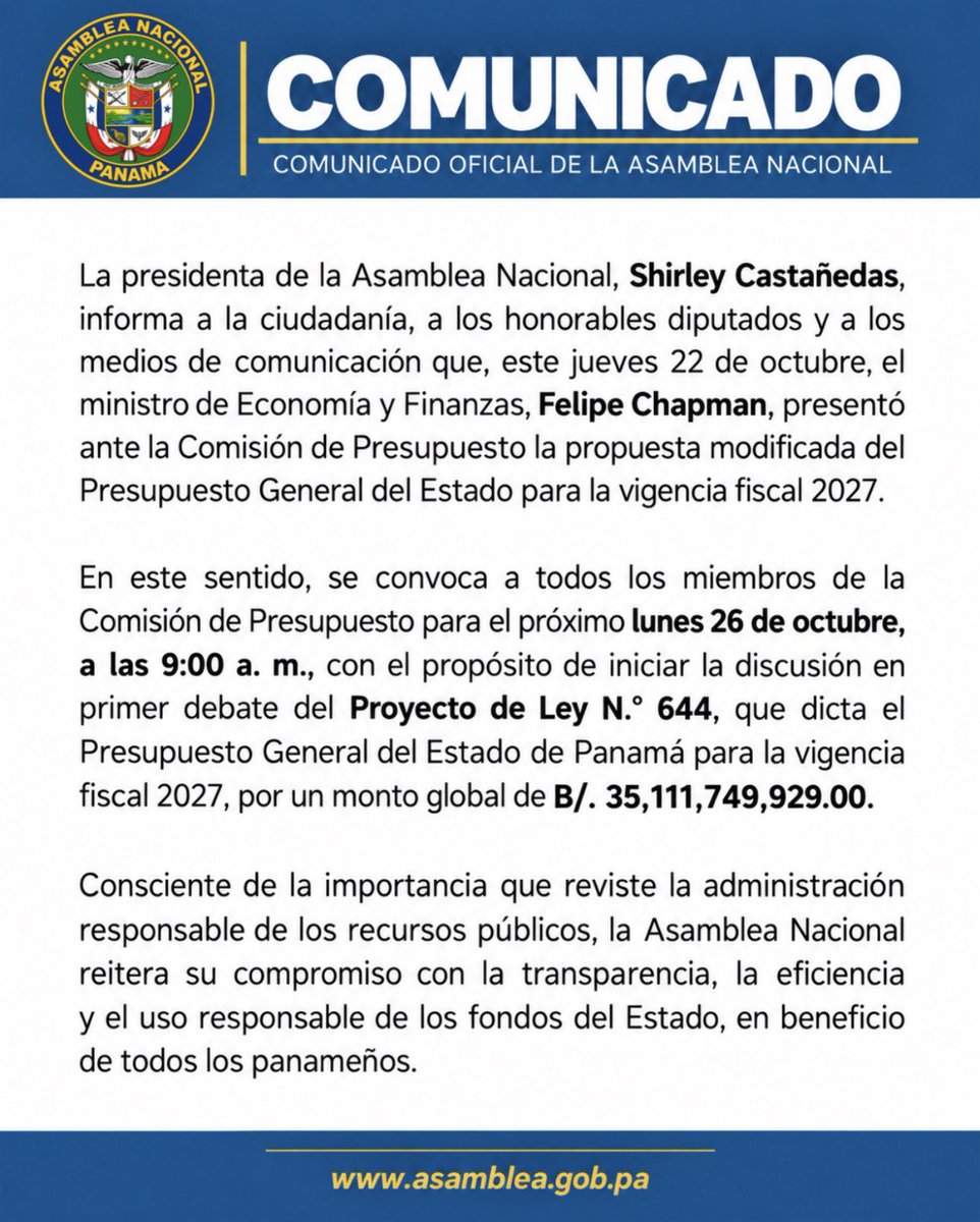 AlvaroAlvaradoC's tweet photo. Lunes 26 comienza discusión en primer debate del presupuesto del estado para el 2027. Las sesiones concluyen el 31 de octubre en caso que habiliten viernes y sábado. https://t.co/kTq0YQvUZE
