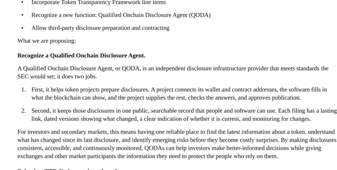 idontdevslop's tweet photo. A new government proposal just asked the SEC to create an OFFICIAL CRYPTO AGENT!!!

"Qualified Onchain Disclosure Agent" (QODA) https://t.co/E2OCfpbq8i