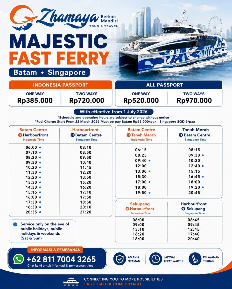 AShRFsArhane's tweet photo. Mau ke Singapore dari Batam? Naik Majestic Ferry! Nikmati perjalanan nyaman, cepat, dan praktis dari Batam Centre &amp; Sekupang ke HarbourFront &amp; Tanah Merah. Tersedia tiket one way &amp; two ways, plus diskon untuk minimal 4 orang. https://t.co/RDPrKGVXSi