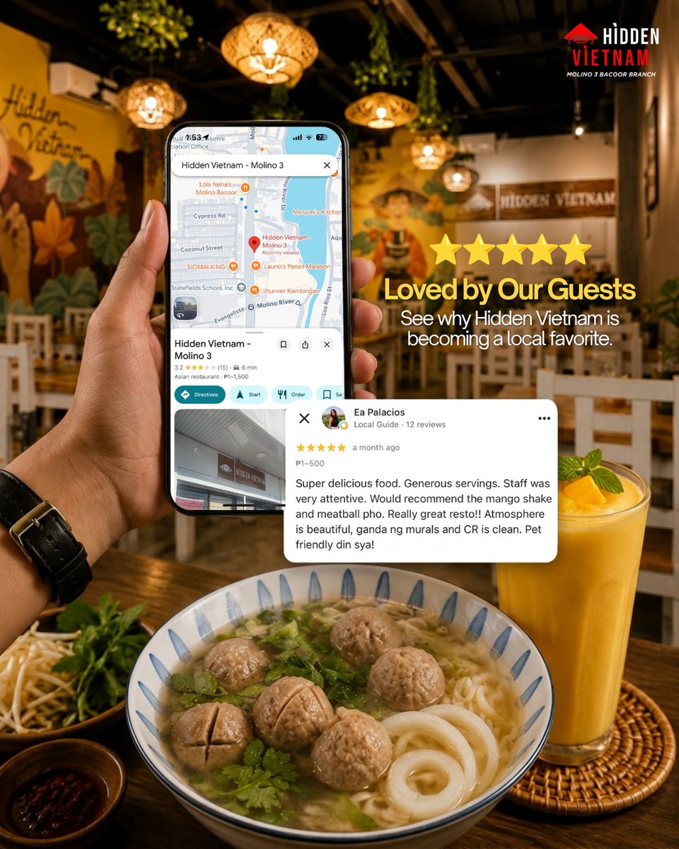 XinaWy's tweet photo. Loved by our guests, one bowl at a time. Thank you for the kind reviews that inspire us to serve authentic Vietnamese flavors, generous portions, and warm hospitality every day. Try our crowd favorites: Meatball Pho and Mango Shake. https://t.co/p2Iu059kv0