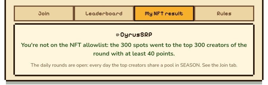 CyrusSRP's tweet photo. @farmingseasonio Hello, dear creators. Please take a look at these two images! I earned a good score—as you can see, I reached 148 points. However, I did not make it into the rankings before the time ran out, and it remained that way afterward; now I see that I am not receiving an NFT. https://t.co/IsvlEtxO4H