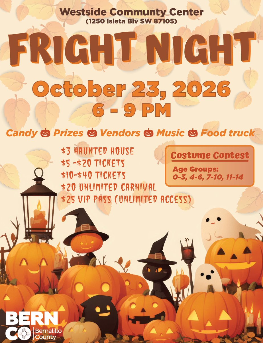 BernCounty's tweet photo. 🎃 Get ready for a frightfully fun night! 👻 Join us Oct. 23, 6–9 p.m., at Westside Community Center for Fright Night! Enjoy candy, prizes, carnival games, music, food vendors, a costume contest, a $3 haunted house and more!🕸️

📍 1250 Isleta Blvd. SW https://t.co/JUGgc4YQId