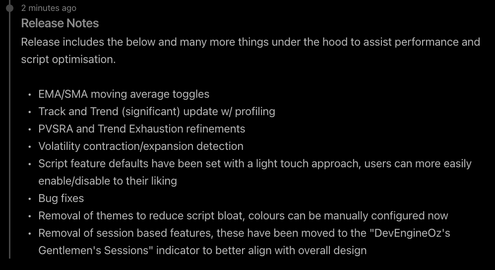 DevEngineOz's tweet photo. ATTN: Gentlemen's Suite Premium 🎩users.

Script updates pushed this morning.

Keep an eye out for the purple update icon next to the indicator in @tradingview to get the update.

$BTC $ETH #indicator #tradingview #gentlemenandladies

Release notes