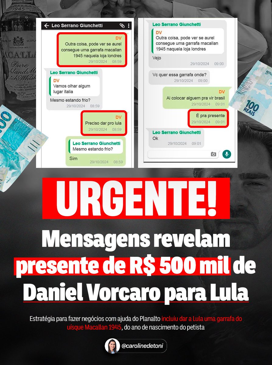 CarolDeToni's tweet photo. E agora, Lula? 

Um presente de R$ 500 mil de Daniel Vorcaro, dono do Banco Master, segundo mensagens reveladas pela imprensa. O Brasil merece explicações! https://t.co/OuD9LIOkz7