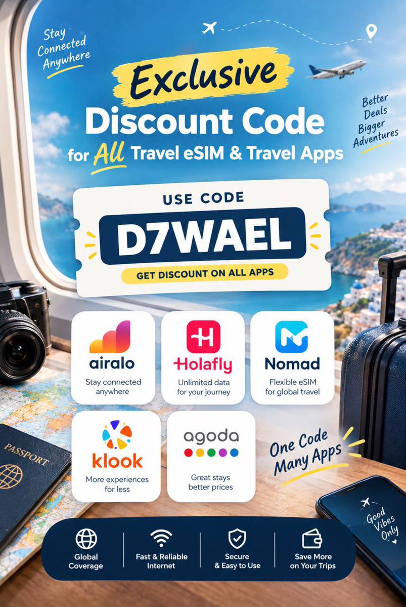 SA4Deals's tweet photo. كود خصم اجودا &amp; هولافلاي &amp; كلوك &amp; اير الو 

Discount code: Agoda &amp; Klook &amp; Airalo &amp; Holafly &amp; Nomad

D7WAEL

SAVE THE PICTURE OF PROMO CODES✅ https://t.co/7tfIU3zS6I