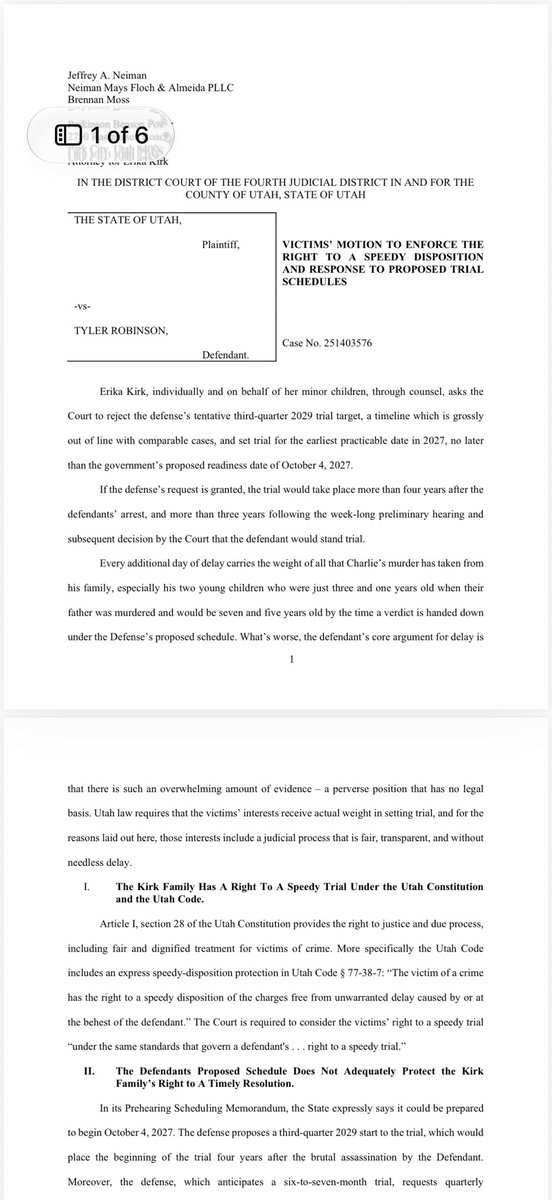 MattFinnFNC's tweet photo. Breaking: Erika Kirk files motion for a speedy trial--  rejecting a 2029 murder trial date, as Tyler Robinson's defense recommended. She wants it in 2027.