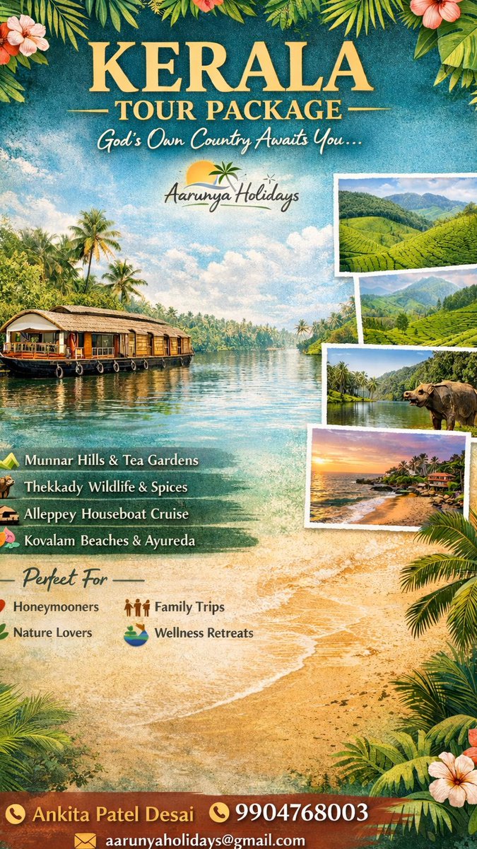 ioletaK227751's tweet photo. Kerala is more than a destination. It’s peaceful greenery, misty Munnar hills, dreamy Alleppey houseboats, and slow sunsets. Plan your perfect Kerala escape with Aarunya Holidays. https://t.co/AVGrBwB6QY