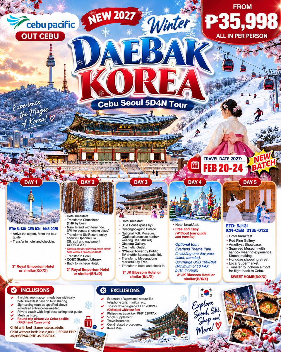 00naye0o's tweet photo. Daebak Korea Winter 2027! Experience Seoul in winter on a Cebu–Seoul 5D4N tour, Feb 20–24. From ₱35, 998/pax. Visit Nami Island, ski resort, Gyeongbokgung Palace, and more. Message JGV Travel &amp; Tours for reservations. https://t.co/wGvQDuM8hD