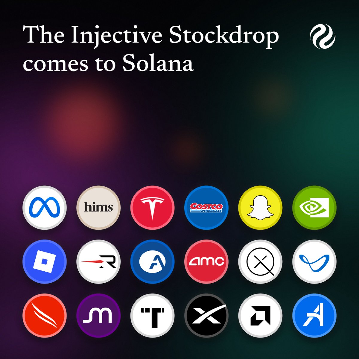 injective's tweet photo. The second-ever Injective Stockdrop kicks off next week.

Anyone who participated in the $INJ BuyBack yesterday has a chance to earn a tokenized stock on Solana.

Here are just a few of the tokenized stocks that you could get:

$AMC
$SNAP
$GLXY
$HIMS
$SMCI
$RKLB
$CRCL
$INTC
$MSTR
$SPCX
$COIN
$NVDA
$AAPL
$TSLA
$META
$MU
$SNDK
More ▇▇▇▇ and ▇▇