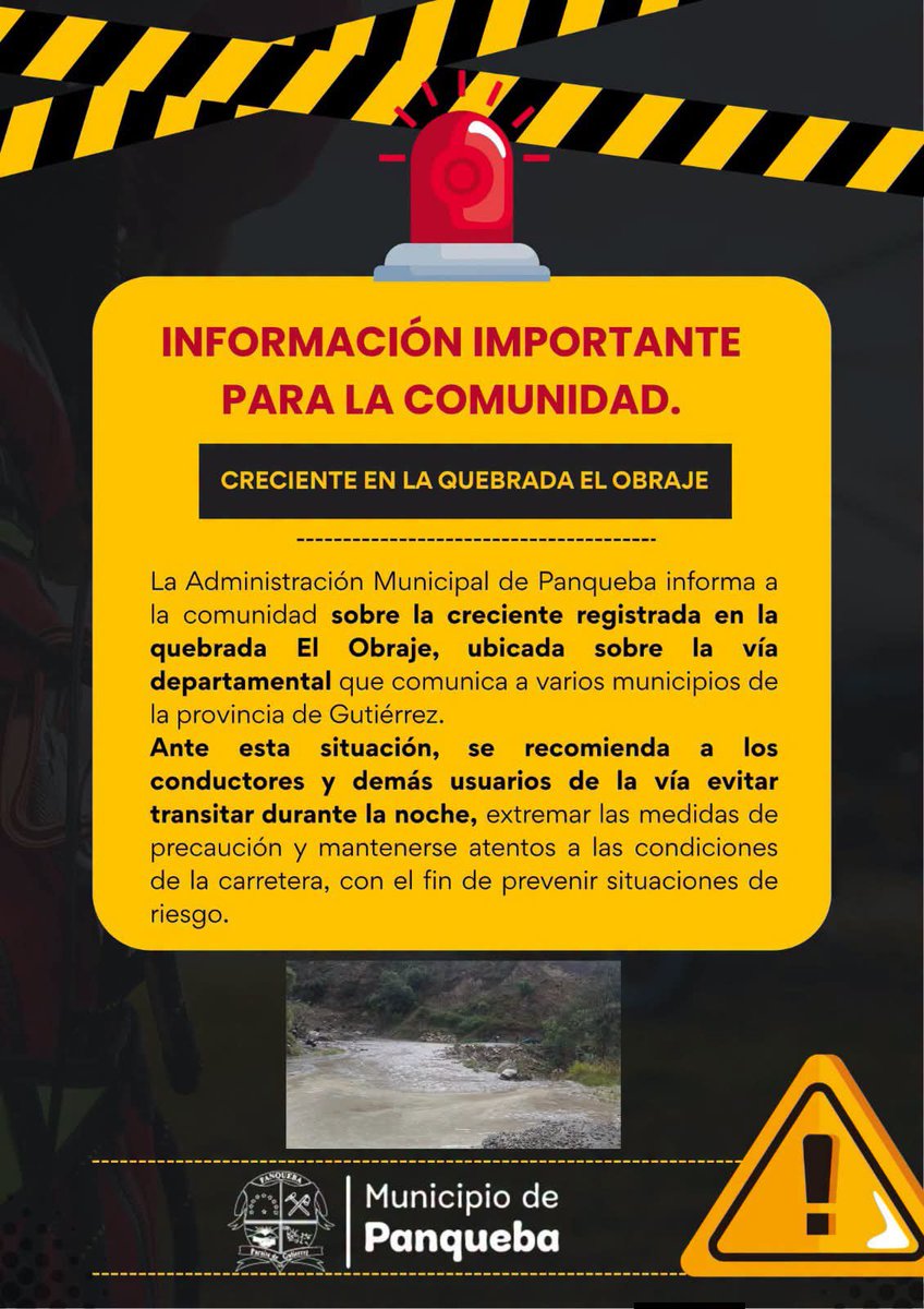 CaracolRadioTun's tweet photo. Alerta por creciente de la quebrada El Obraje en Panqueba, Boyacá. La emergencia afecta una vía departamental de la provincia de Gutiérrez. La Alcaldía recomienda evitar transitar durante la noche y extremar precauciones ante posibles riesgos. https://t.co/XJ2lw2Nhwb