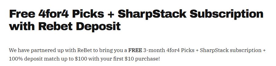 RyNoonan's tweet photo. This deal is nuts.

Everything at 4for4 (@4for4Bets Picks, @SharpStack, Fantasy, DFS) for free with a $10 deposit at @rebetapp 

https://t.co/kSLzsF56SH