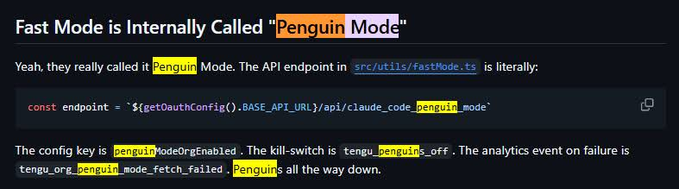 idontdevslop's tweet photo. Claude's fast mode has a secret name, PENGUIN MODE

https://t.co/hV8xh7RZvY

the endpoint is /api/claude_code_penguin_mode

the kill switch is called tengu_penguins_off, still inside the latest build

https://t.co/eGE7EjhlE8

Anthropic renamed the button, the penguin is still in the code

never been run wtf??

So genny

$Penguin - Penguin Mode