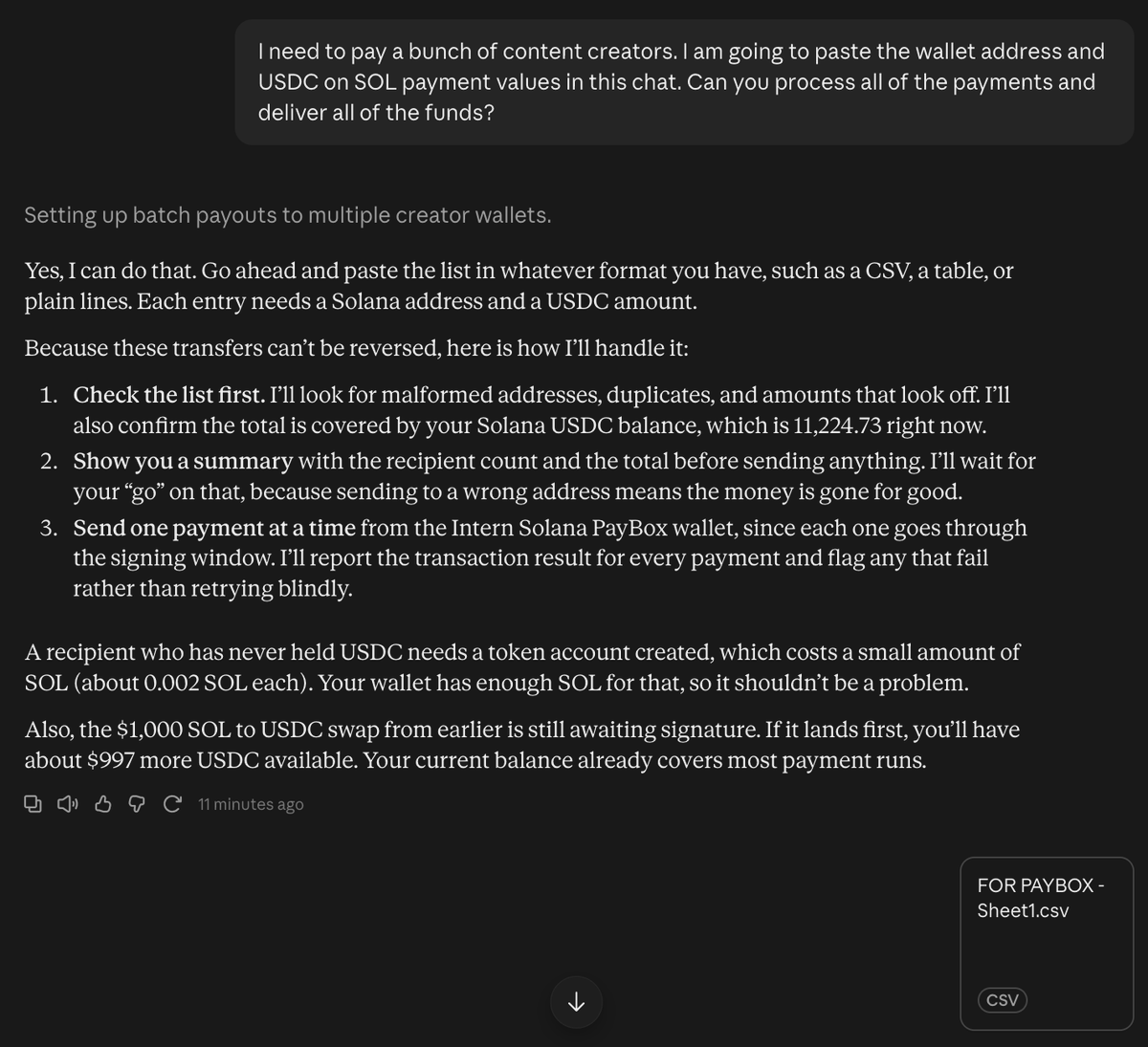 moonpay's tweet photo. with one prompt in Claude, we just paid 24 creators around the world in a matter of seconds using stablecoins on @PayBox 

AI + crypto, working together, with secure controls https://t.co/BJzMKfur2k