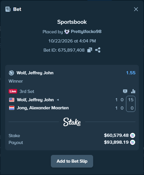 OnlyHighRoll's tweet photo. 🚨 ALERT: High Roller Single Bet Placed!

🎾 Match: Wolf, Jeffrey John - Jong, Sander

👤 Placed by: Prettylfacko98
💸 Stake: $60,579.48
✖️ Odds: 1.55
🏆 Est. Payout: $93,898.19
🔗 Track &amp; more: https://t.co/kHtU8lmPIW
💲 Bet on https://t.co/XfHCjjTfKE https://t.co/JrVOvYFBaV