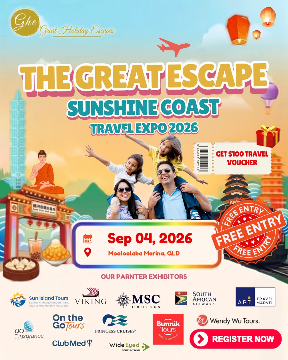 lianepacheco's tweet photo. Your next great escape starts here. Join The Great Escape: Sunshine Coast Travel Expo 2026 for exclusive deals, expert advice and expo-only offers. Friday, 4 September 2026
Pier 33, Mooloolaba Marina

Attend and receive a $100 Travel Voucher. Terms https://t.co/q2HfWGPvxa